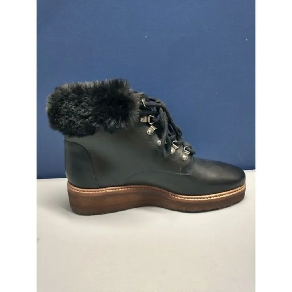 Botkier Mocha Winter Boots Women Size 7.5 Black Genuine Leather Fur Trim Lace Up